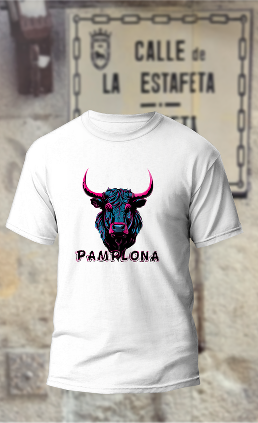 Camiseta cabeza de toro negra con toques rosas y azules