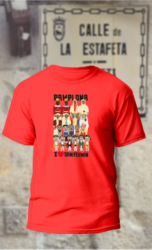 Camiseta gigantes,cabezudos,kilikis de Pamplona con I love San Fermin