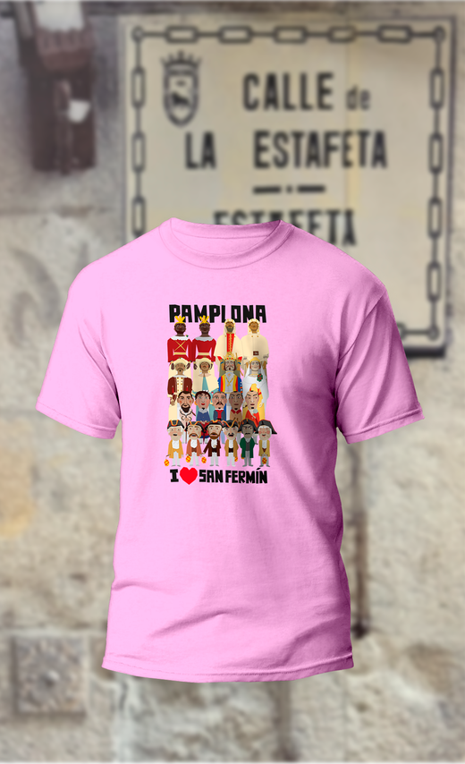 Camiseta gigantes,cabezudos,kilikis de Pamplona con I love San Fermin