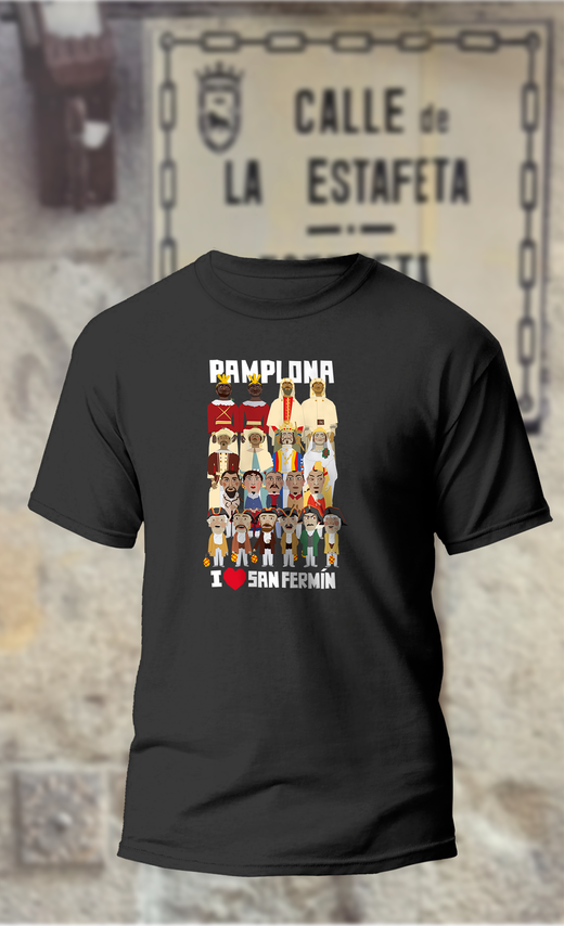 Camiseta gigantes,cabezudos,kilikis de Pamplona con I love San Fermin