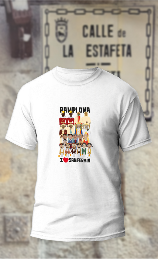 Camiseta gigantes,cabezudos,kilikis de Pamplona con I love San Fermin