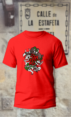 Camiseta con toros marrones sobre corredores con fondo verde y texto San Fermin