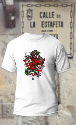 Camiseta con toros marrones sobre corredores con fondo verde y texto San Fermin