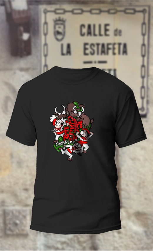 Camiseta con toros marrones sobre corredores con fondo verde y texto San Fermin