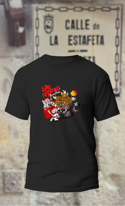 Camiseta encierro de San Fermín frente al Ayuntamiento, con sol y boina roja