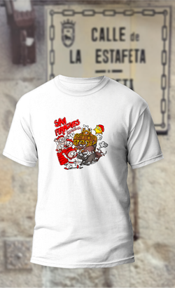 Camiseta encierro de San Fermín frente al Ayuntamiento, con sol y boina roja