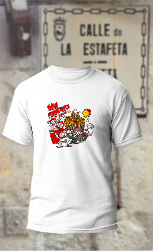 Camiseta encierro de San Fermín frente al Ayuntamiento, con sol y boina roja