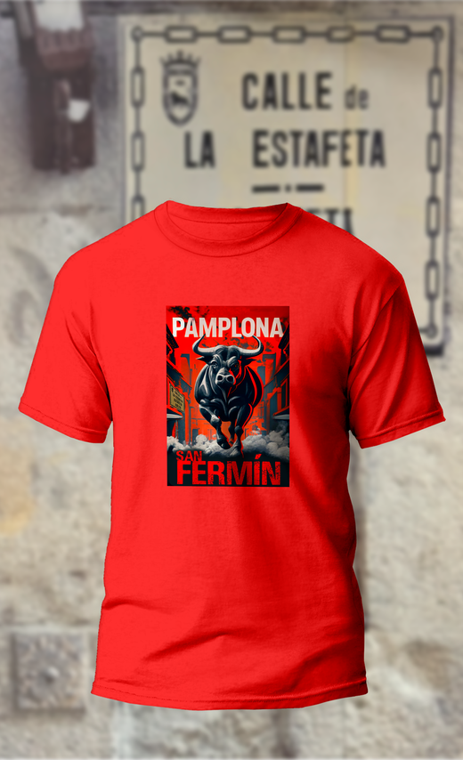 Camiseta "Toro cartel rojo-Pamplona"