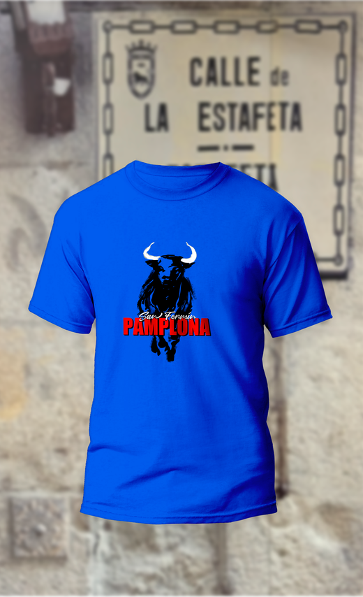 Camiseta toro negro y texto en rojo Pamplona
