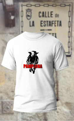 Camiseta toro negro y texto en rojo Pamplona