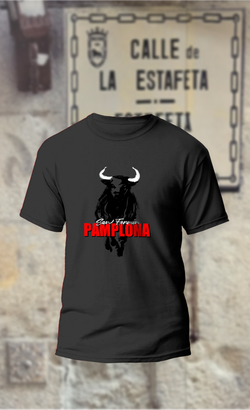 Camiseta toro negro y texto en rojo Pamplona