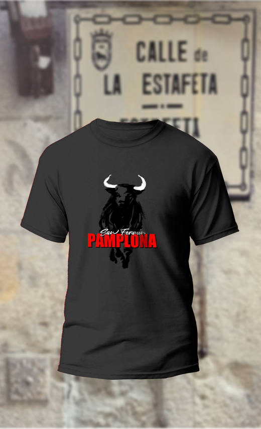 Camiseta toro negro y texto en rojo Pamplona