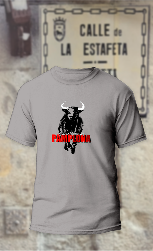 Camiseta toro negro y texto en rojo Pamplona
