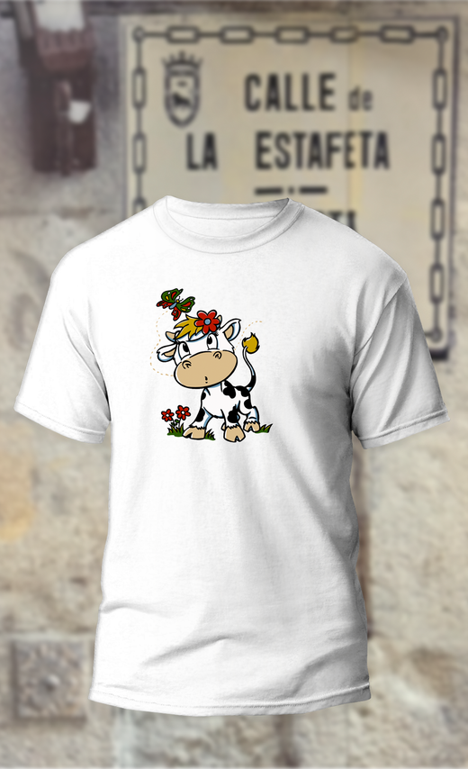 Camiseta vaquita con flor en la cabeza y mariposas encima