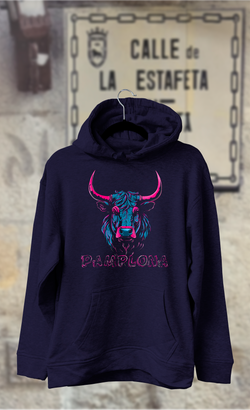 Sudadera cabeza de toro azul y rosa