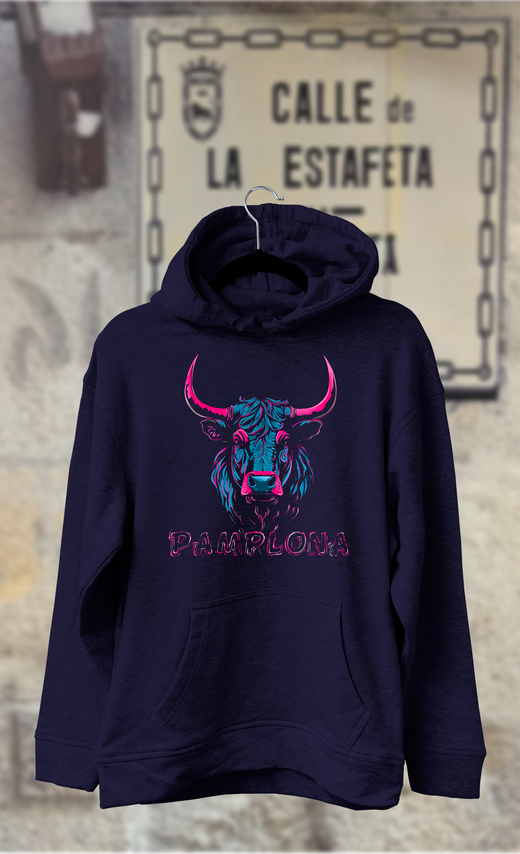 Sudadera cabeza de toro azul y rosa