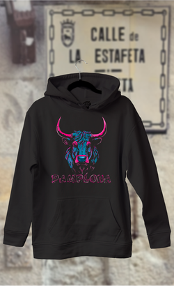 Sudadera cabeza de toro azul y rosa