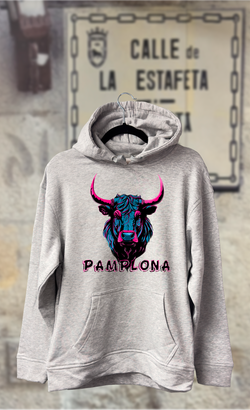 Sudadera cabeza de toro azul y rosa