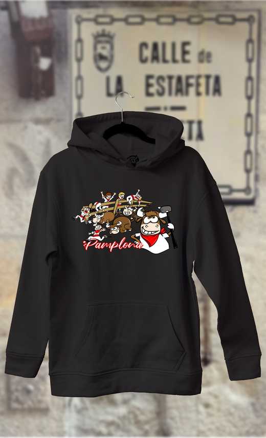 Sudadera caricatura del encierro con el toro llevando un martillo