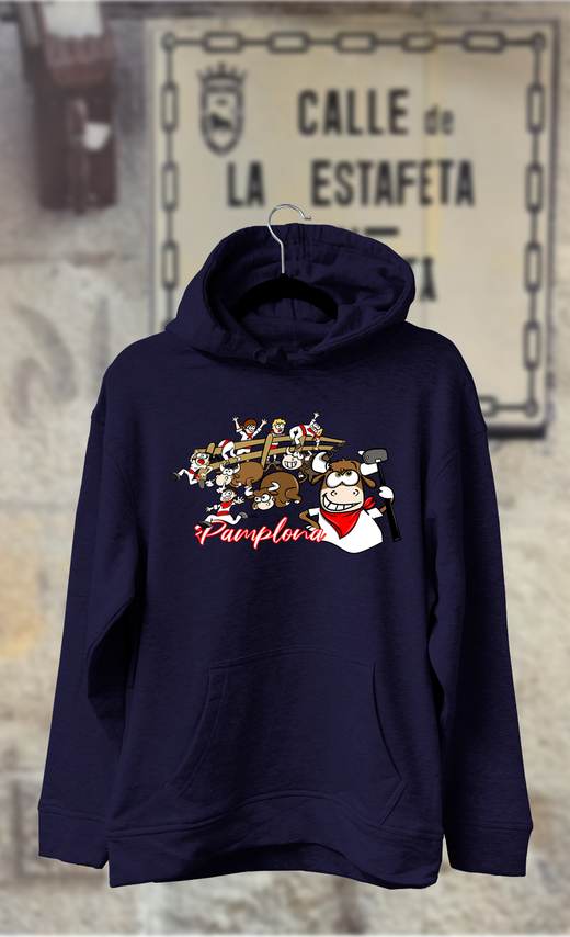 Sudadera caricatura del encierro con el toro llevando un martillo